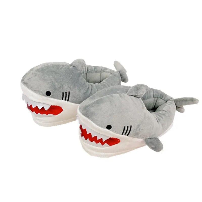 A pair of cozy Silly Sausage shark-themed Animal Slippers on a white background.