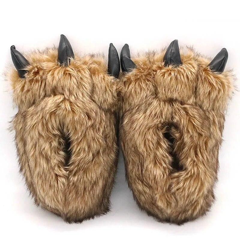 A pair of cozy and comfortable Silly Sausage Bear Paw Slippers, with claws on them, made with quality materials for easy cleaning.