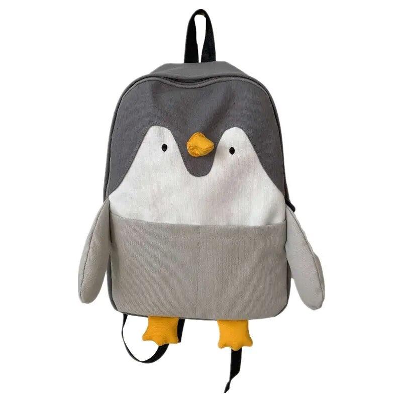 A standout grey Animal Backpacks with a penguin on it, perfect as a gift for backpack enthusiasts. Brand name: Silly Sausage.